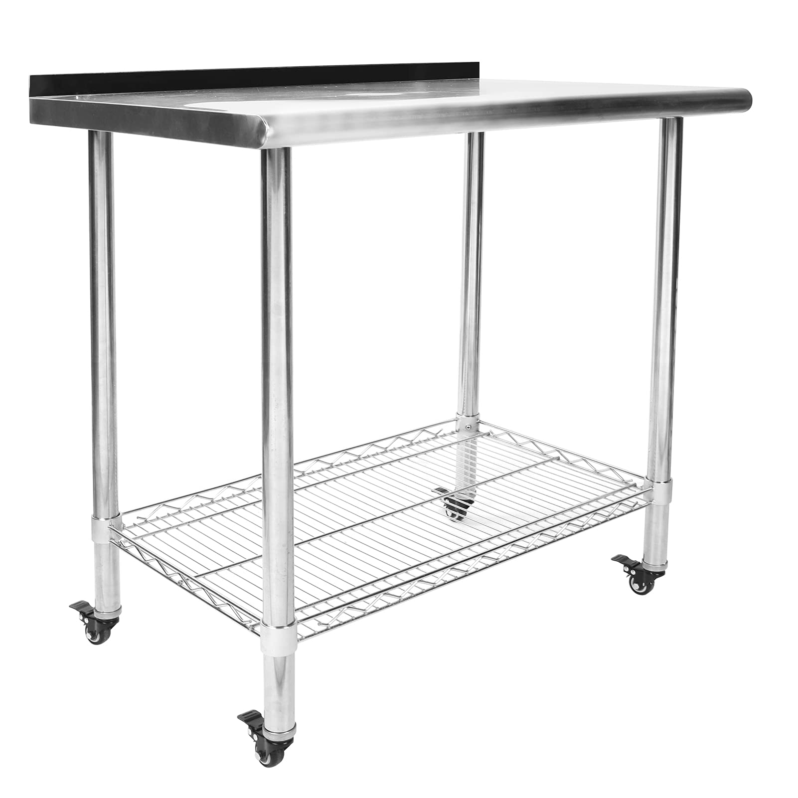 Wakects Mesa de Trabajo de Acero Inoxidable con 2 Niveles, con Frenos de Ruedas, Mesa de Cocina Gastronómica de Almacenamiento