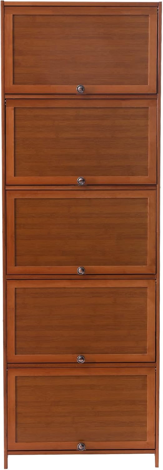10-Tier Bamboo Shoe Cabinet, Tall Shoes Storage Cabinet with Handles and Slide Doors, Shoe Organizer for 20 Pairs, Freestanding Shoes Heels Sneakers Storage Rack for Entryway, Hallway, Office