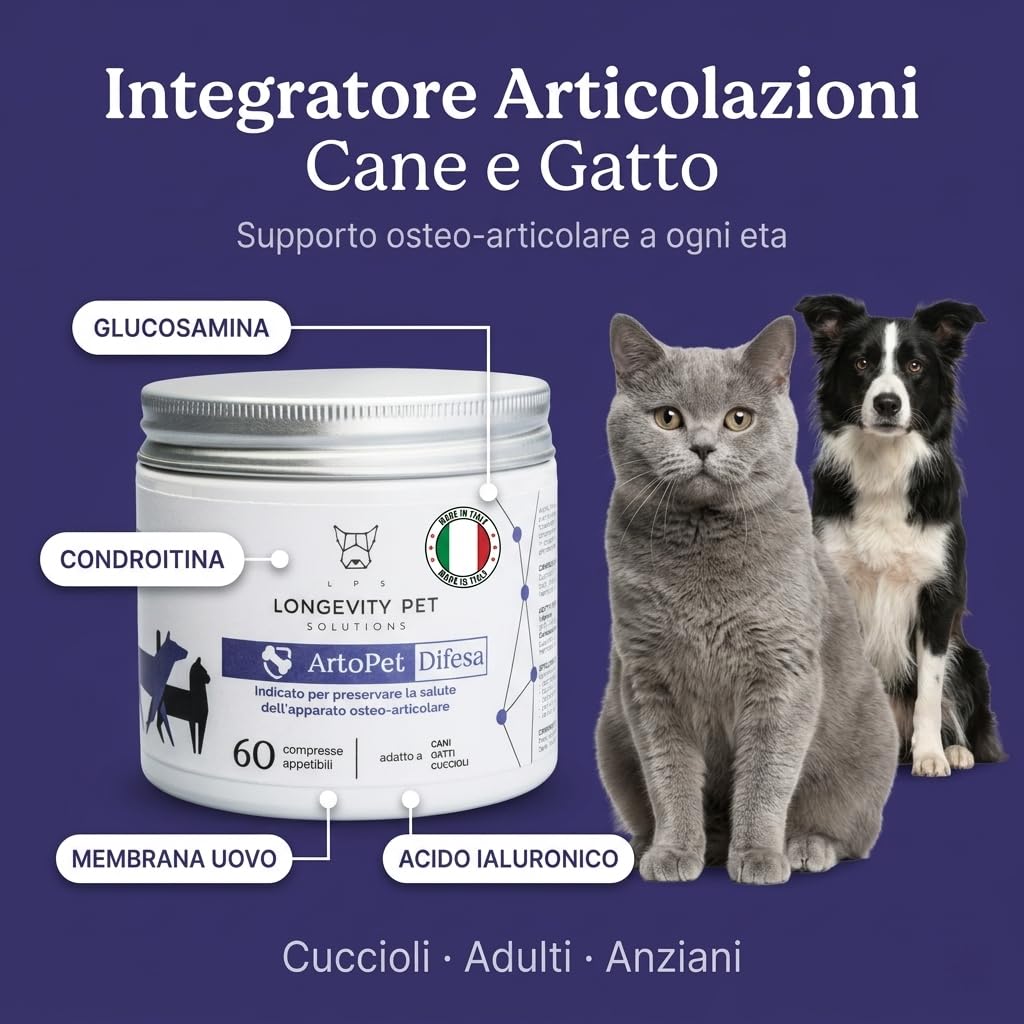 ArtoPet Difesa 60 Compresse | Integratore Articolazioni Cane e Gatto con Glucosamina Condroitina - Antinfiammatorio Naturale Antiossidante - Mobilità e Benessere Osteo-Articolare - Longevity Pet