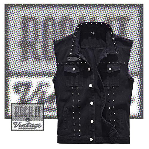 Gilet di Jeans Rock Punk - Uomo Giacca Senza Maniche con Rivetto in Metallo  Grande e Alto (Nero, S \u003d Etichetta L) -