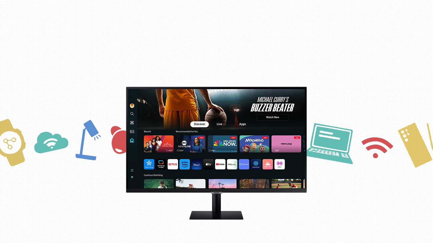 Samsung Smart Monitor M7 Noir - 32'' - Dalle VA, UHD 4K (3840 x 2160), 60Hz, 4ms, Inclinable, 2 x HDMI (2.0), USB-C (65W), 3 x USB-A, Smart TV, Gaming Hub, LS32DM702UUXEN