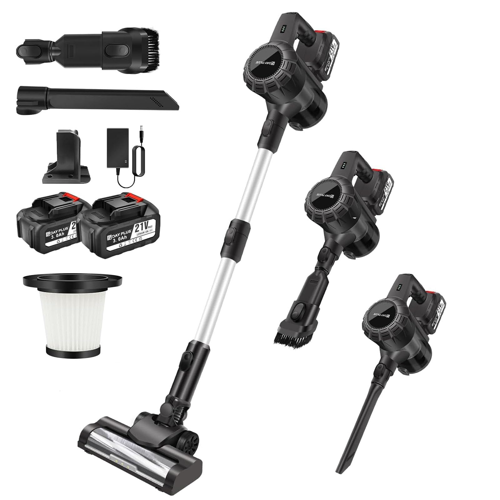 Aspiradora con batería con cepillo de suelo 15000 PA, inalámbrico, 6 en 1, aspiradora de mano con 2 baterías de 3000 mAh, filtro HEPA, LED, para suelos duros, alfombras de pelo de animales