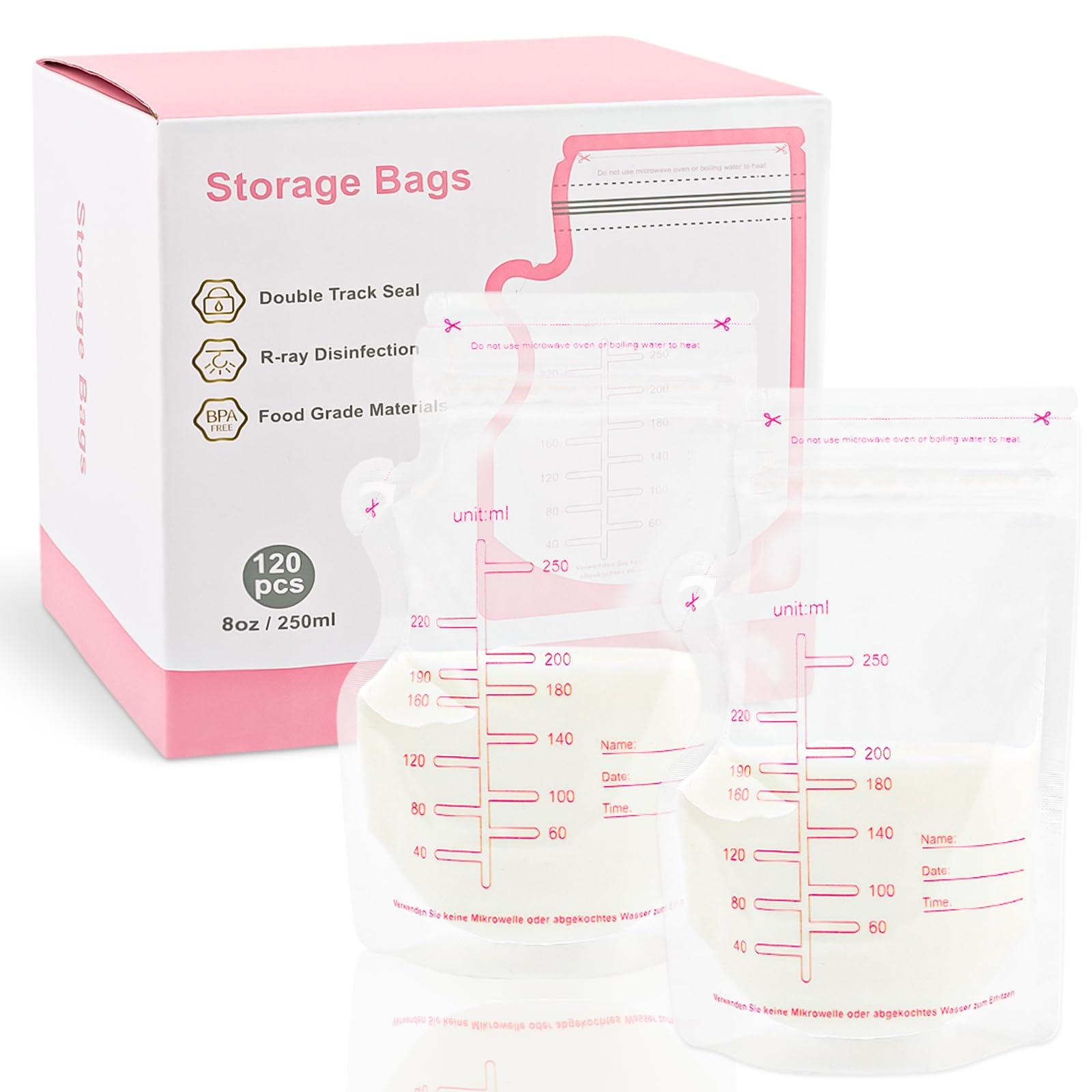 120 Pièces Sachets Conservation Lait Maternel 250ml Sac Congélation Lait Maternel Double Fermeture Étanche Sac Lait Maternel Congelation Matériau Alimentaire Sans BPA
