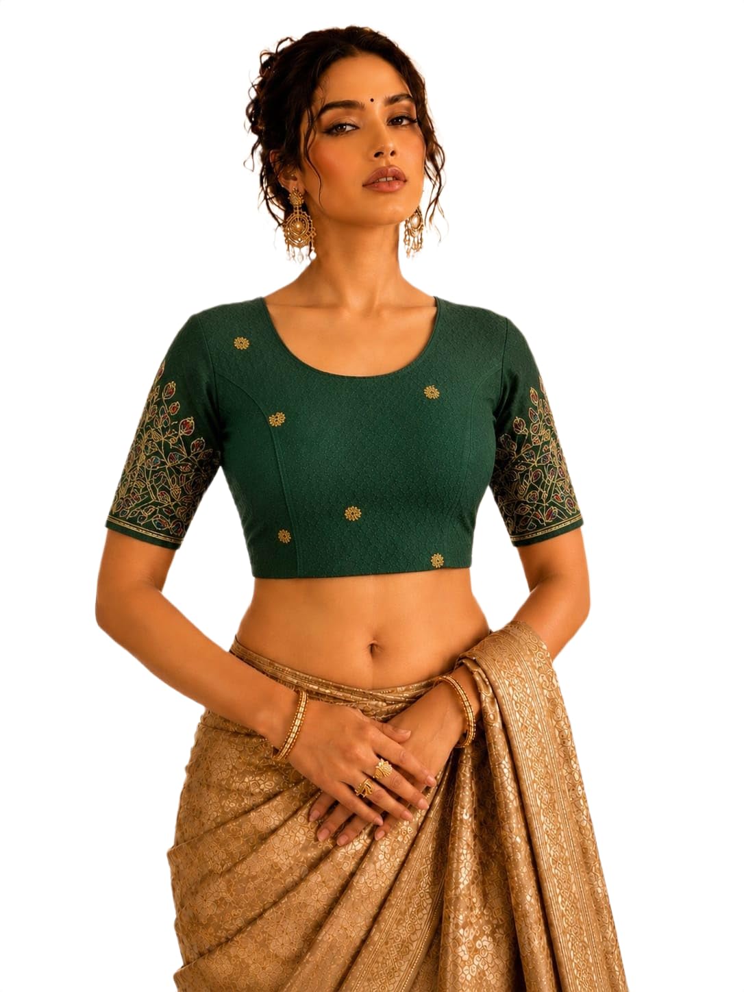 Embroidered Saree Blouse with Floral Sleeve Design-image-0