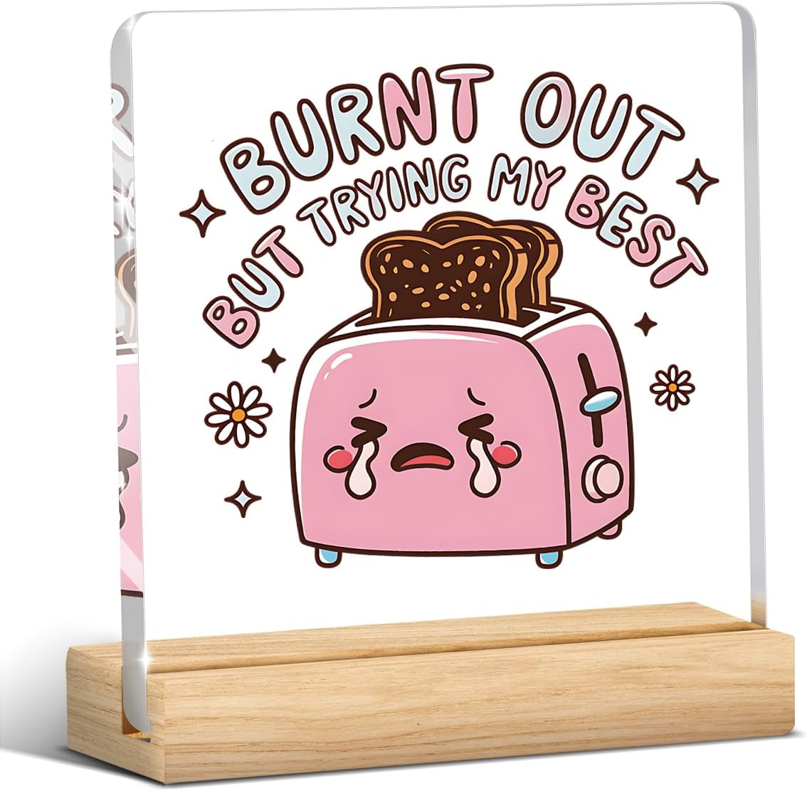 Cute Funny Mental Health Decor, Motivational Gifts for Women Men, Inspirational Acrylic sign with Wooden office Accessories Bedroom Dorm Apartment Decoration-Burnt Out But Trying My Best