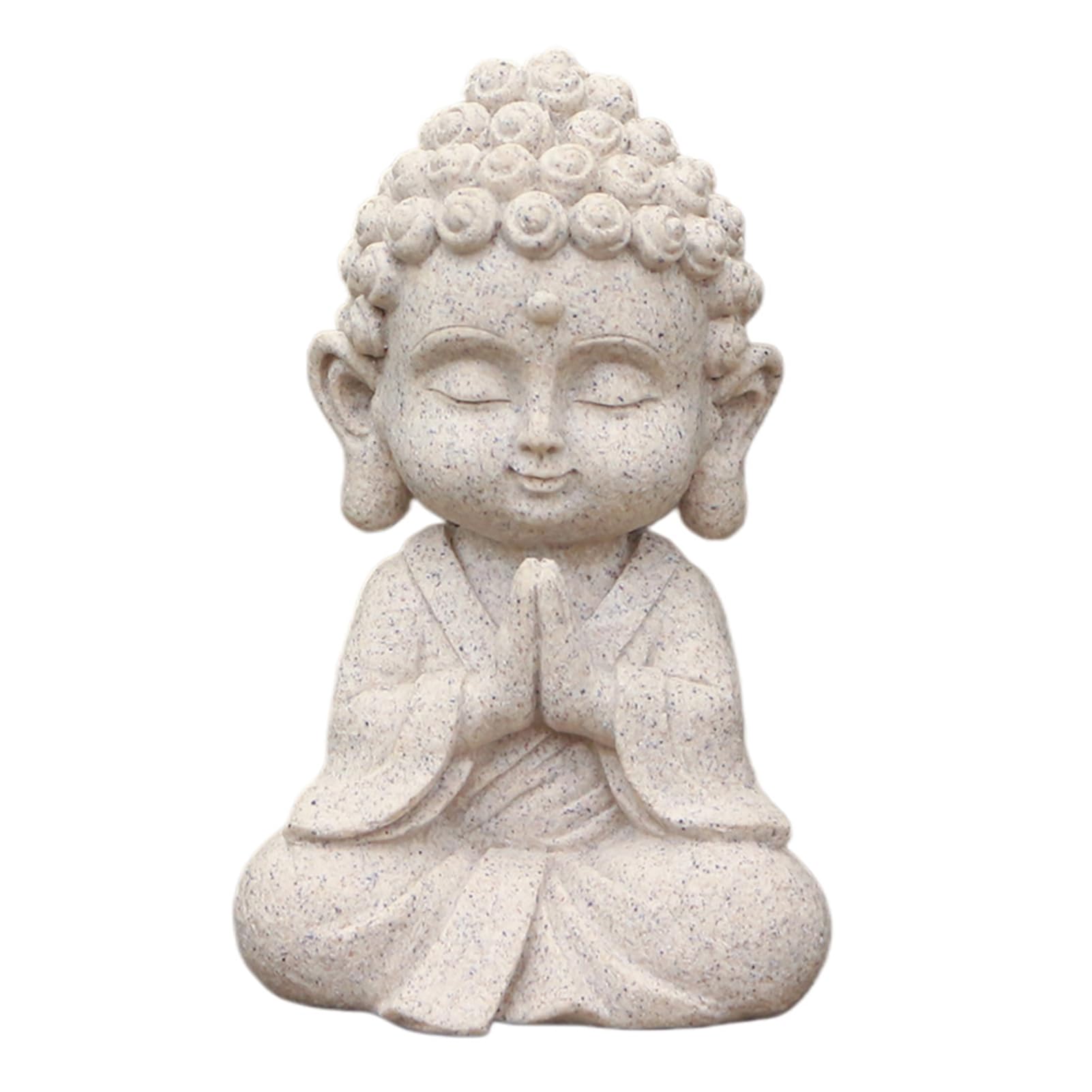 tabecou Mini Faux Sandstone Buddha Statue, Small Zen Monk Praying Sculpture, Resin Feng Shui Ornament for Wealth, Good Luck, Home Office