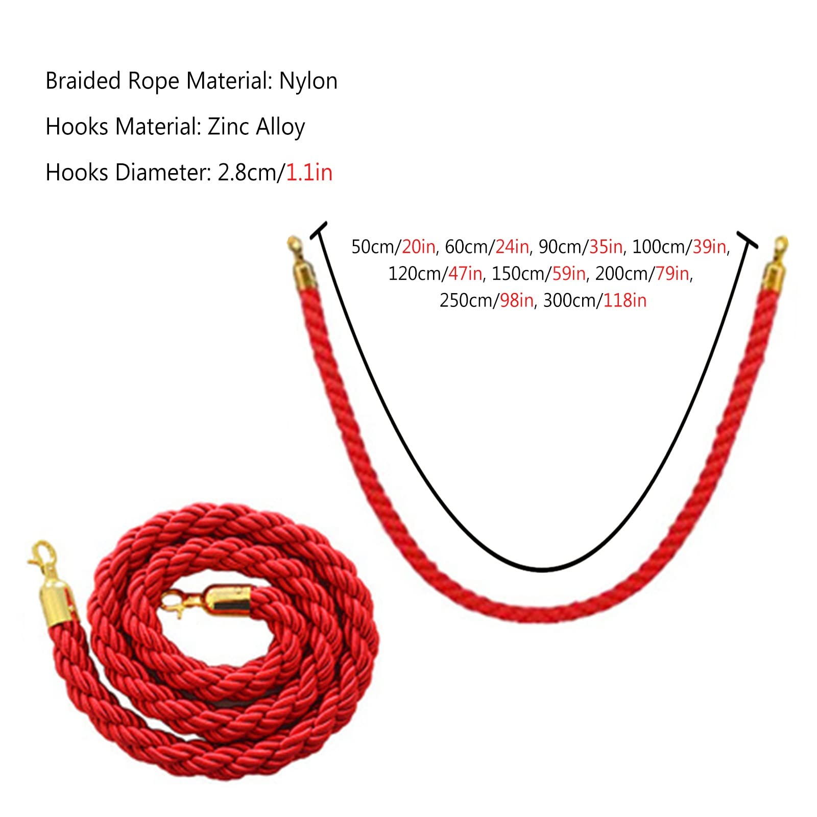 Cuerda de nailon azul y rojo con ganchos plateados, paquete de 2, cuerda de barrera trenzada para control de multitudes, eventos VIP, ceremonias, 50 cm, cuerda de seguridad colgante