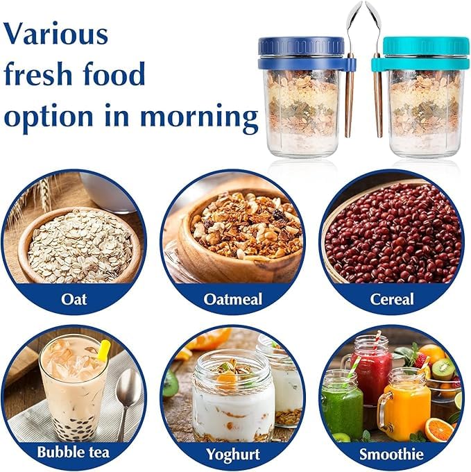 Image of PrimeWorld Glass Overnight Oats Jars With Spoon And Lid Set of 1pc-350 ML, Airtight Oatmeal Container With Measurement Marks, Mason Jars With Lid For Cereal On The Go Container Yugart,Multicolor
