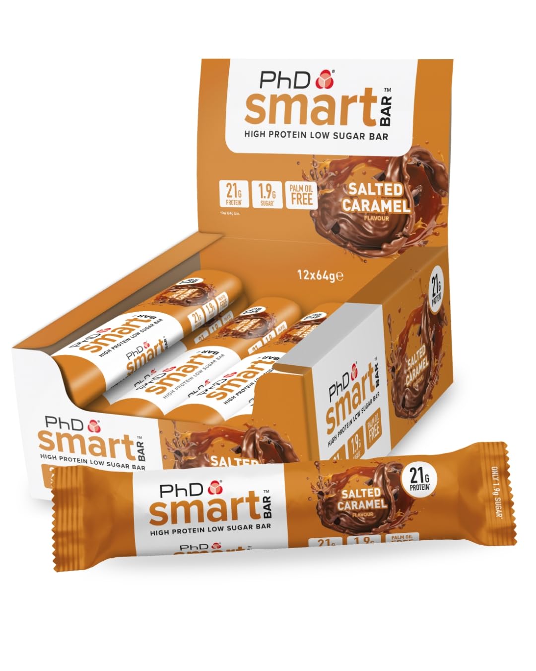 PhDNutrition Smart Protein Bar Low Calorie, Nutritional Protein Bars/Protein Snacks, High Protein Low Sugar, Salted Caramel Flavour, 20g of Protein, 64g Bar (12 Pack)