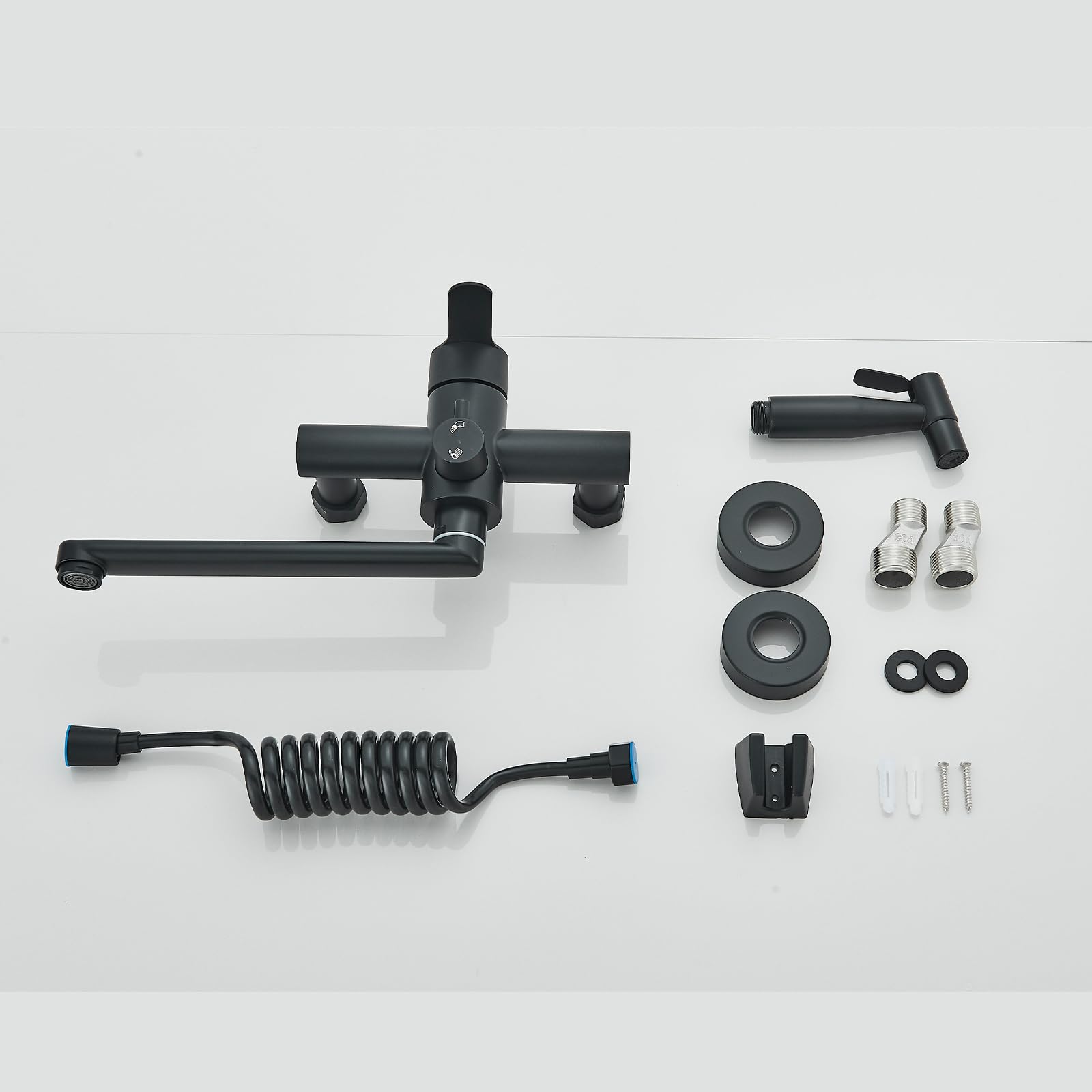 Mitigeur Robinet Cuisine Noir avec Pistolet Douchette Bec 23 cm Pivotant à 360° Robinet Mélangeur Mural pour Évier Acier Inoxydable
