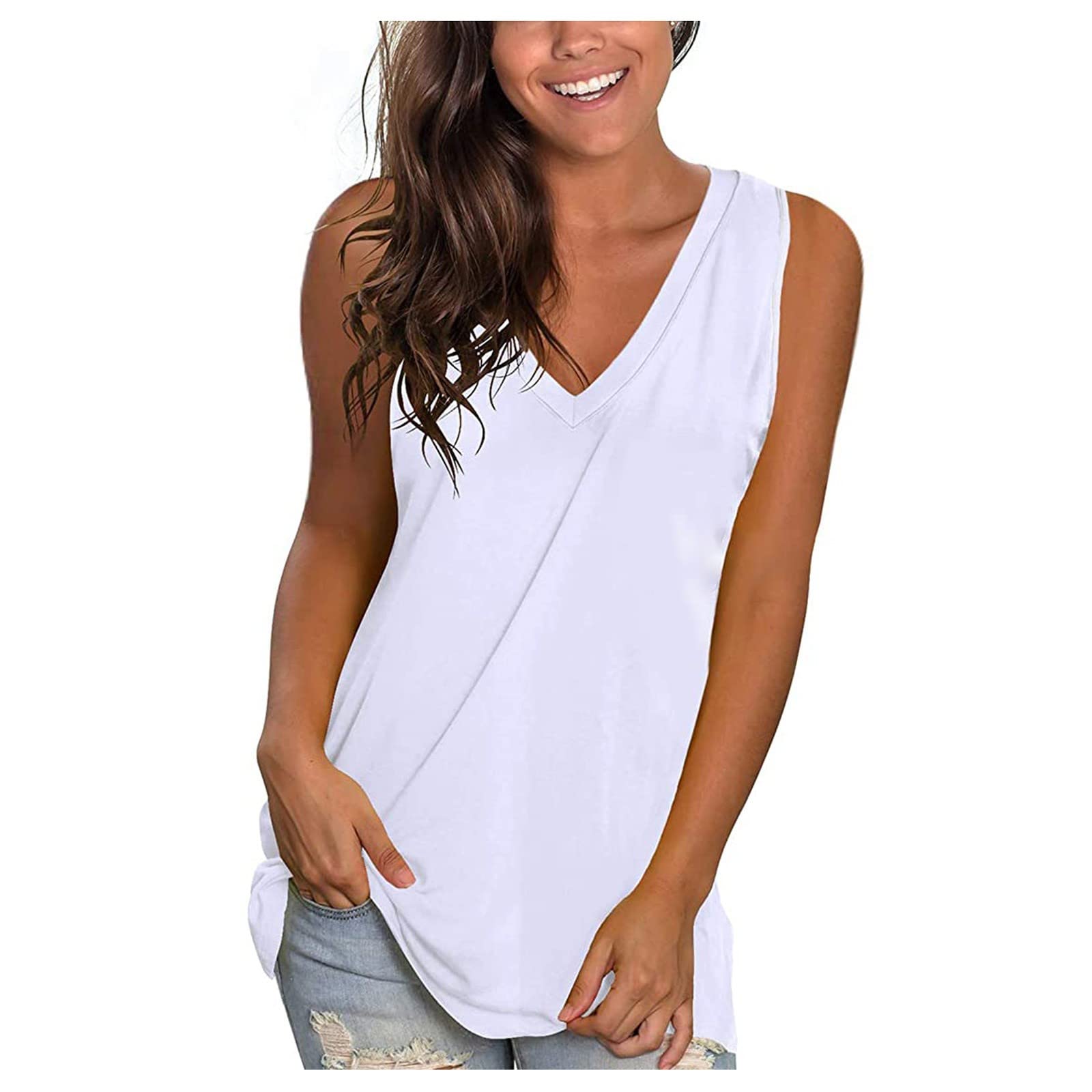 Women's Casual Tank Tops Sexy Dressy V Neck Shirts Fashion Solid Summer Sleeveless T-Shirt Cute Loose Soft Comfy Blouses 2024