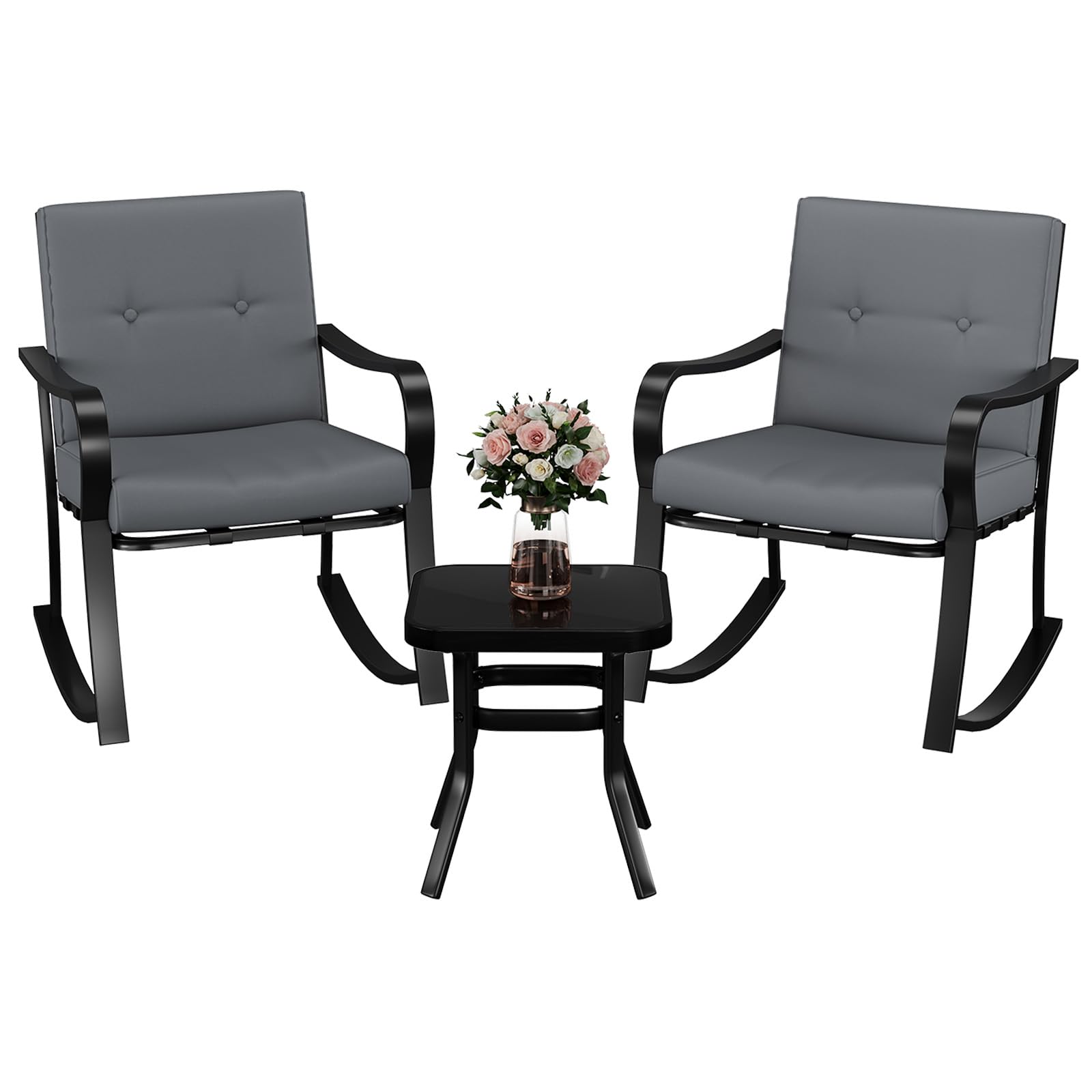 GarveeHome 3-teiliges Bistro-Set für den Außenbereich – 2 Schaukelstühle mit warmgrauen Kissen & Glastisch, Gartenmöbel-Set für Garten, Terrasse, Pool und Balkon (Grau)