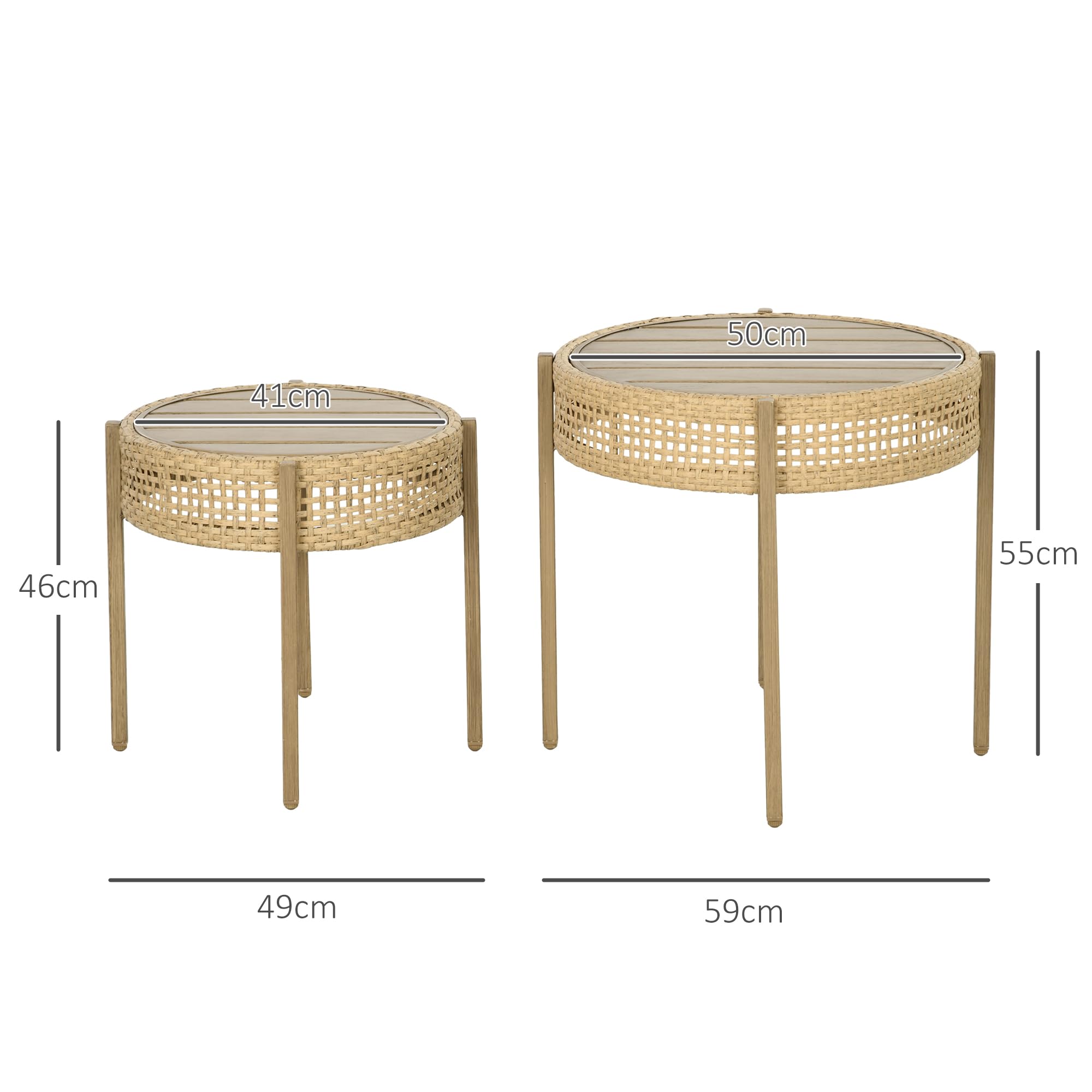 Stapelbare Outsunny Bijzettafels Voor Binnen En Buiten - Set Van 2 Ronde Tafels Staal Pe Rattan Khaki Zwart Glas 55x51 43x47 Hcm