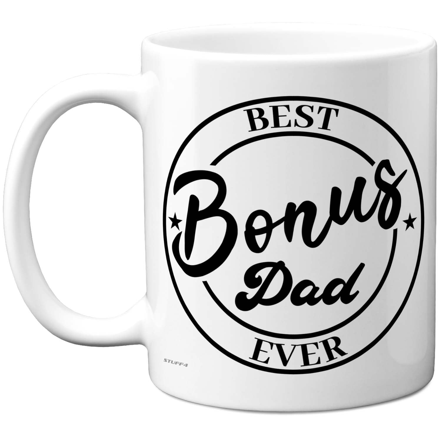 Stuff4 Best Bonus Dad Mug - Bold Black Text with Stars - Appreciation for Step Dad - 11oz Ceramic Gloss Mug