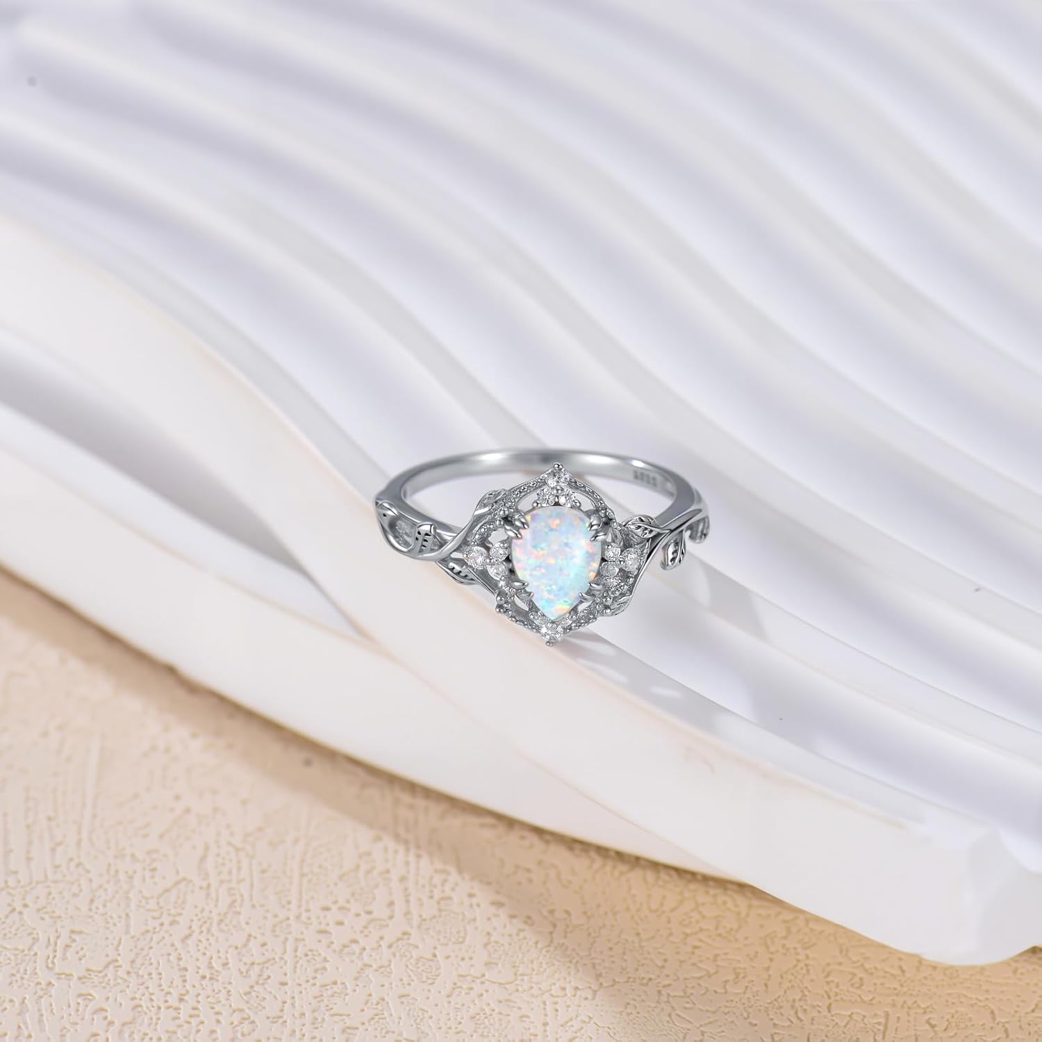 YDD 1.5ct Pear Cut Opal Engagement Rings for Women Genuine Opal Rings for Women 925 Sterling Silver Art Deco Vine Leaf Anniversary Promise Ring - Image 2