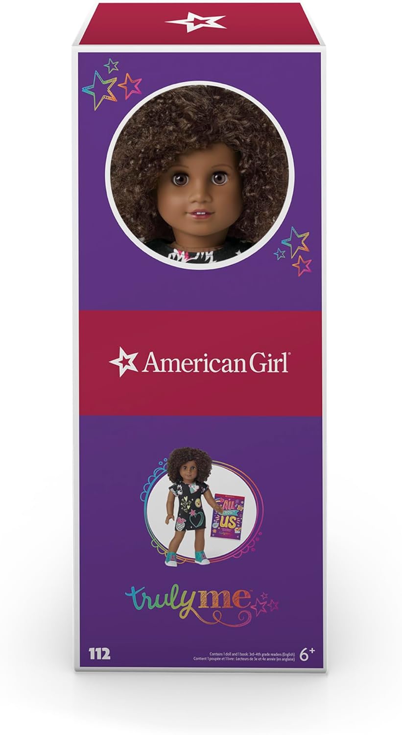 American Girl Truly Me 18-inch Doll #112 with Brown Eyes, Dark-Brown Hair, Deep Skin, Black T-shirt Dress, For Ages 6+