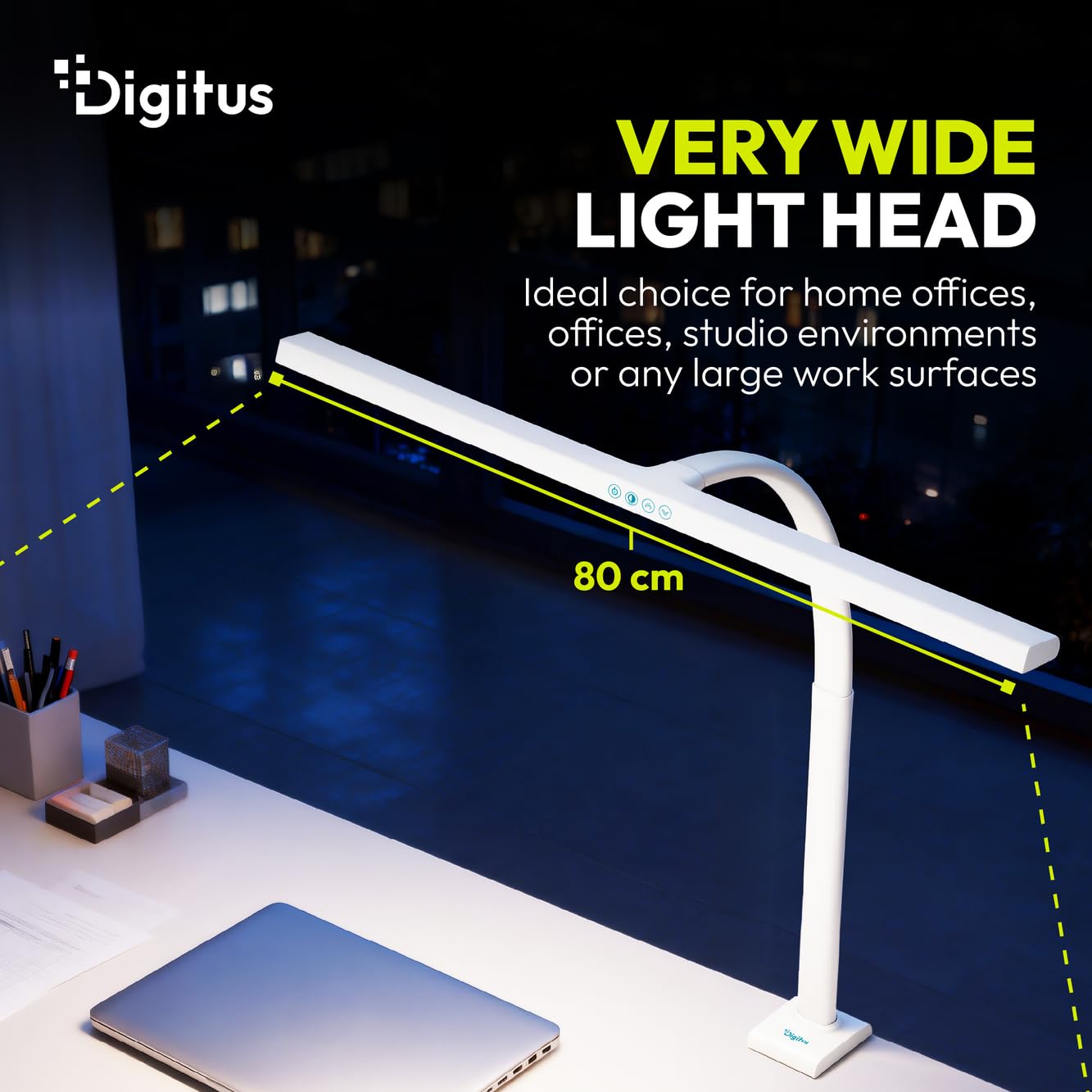 Digitus Lampada da scrivania a LED – 2400 lumen – 80 cm di larghezza – 16 W | 1000 lux – Temperatura di colore a 4 livelli – Regolabile – Comando touch – Braccio flessibile – Base a morsetto – Bianco