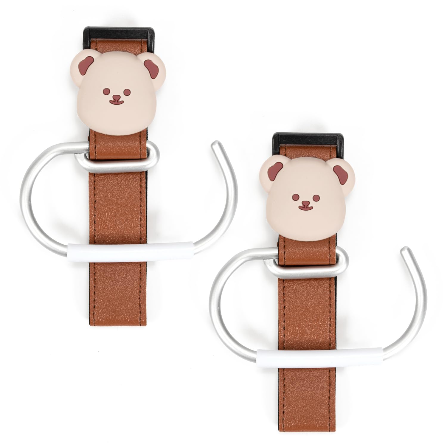 2 Pack Buggy Clips for Pram, Cute Bear Faux Leather Pram Hooks for Bags (B)