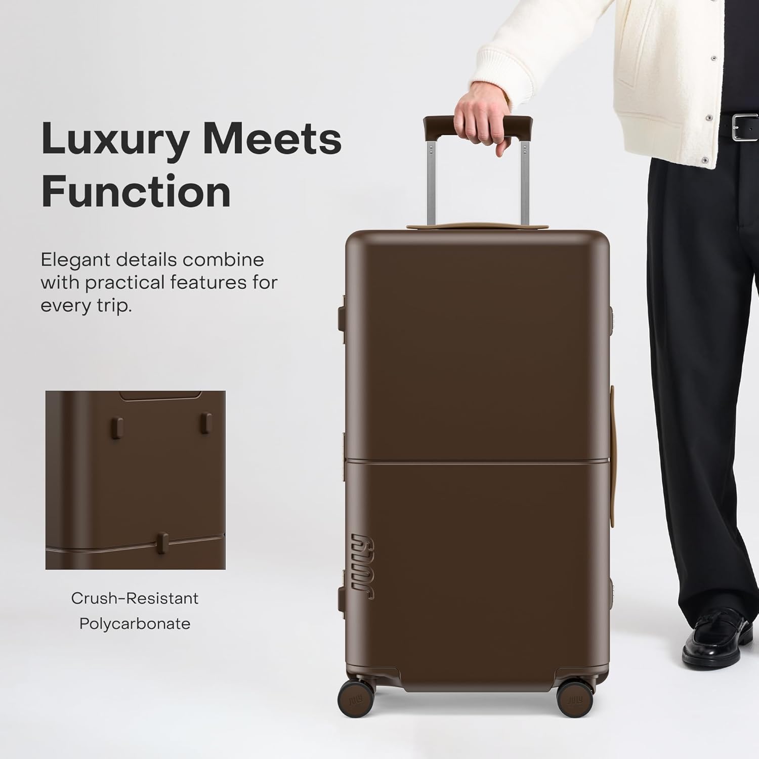 Checked Trunk - 26.8" Zipperless Airline Approved Check In Luggage with Wheels, 80/20 Opening Spinner Suitcase - TSA Lock Rolling Suitcase, Spinner Wheels, Y-Strap - Matte Brown