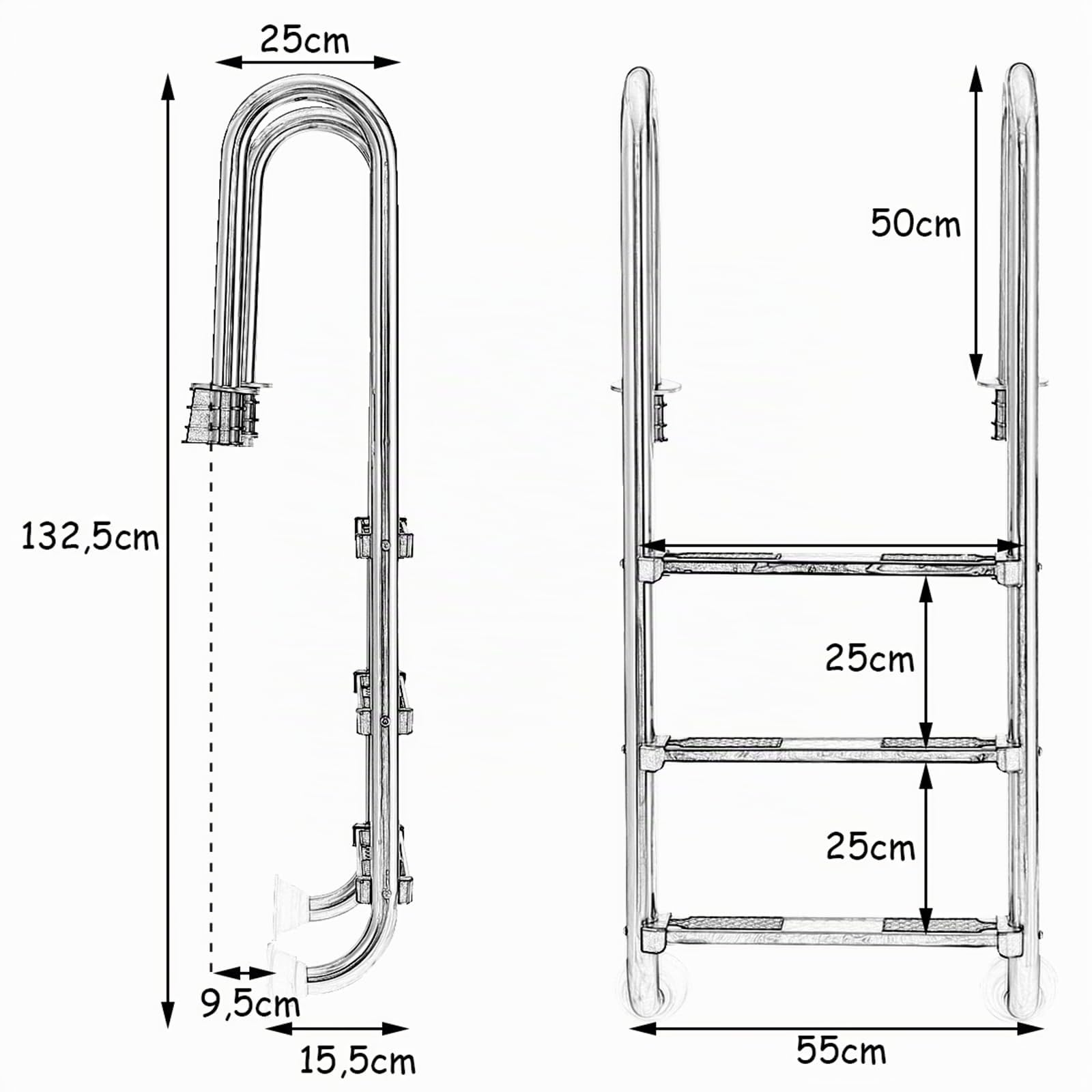 COSTWAY Scaletta di 3 Gradini per Piscina in Acciaio Inox | Scala Piscina con Pedane Antiscivolo, 55 x 25 x 132,5 cm, Capacità di Carico 150 kg