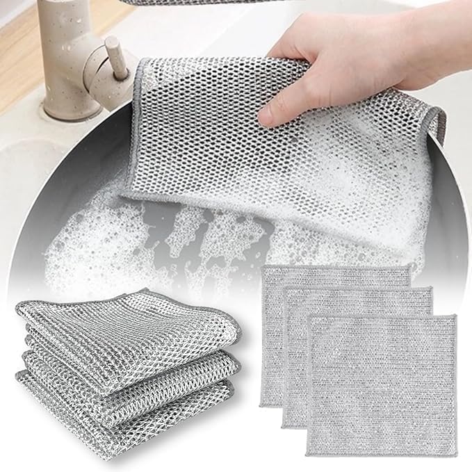 VOLTURI Non Scratch Wire Dish Cloth (Pack of 3), Steel Scrubber for Utensils Cleaning, Multipurpose Wet and Dry Cleaning, Stainless-Steel Dish Wash Scrubber for Washing Dishes, Sinks, Counters