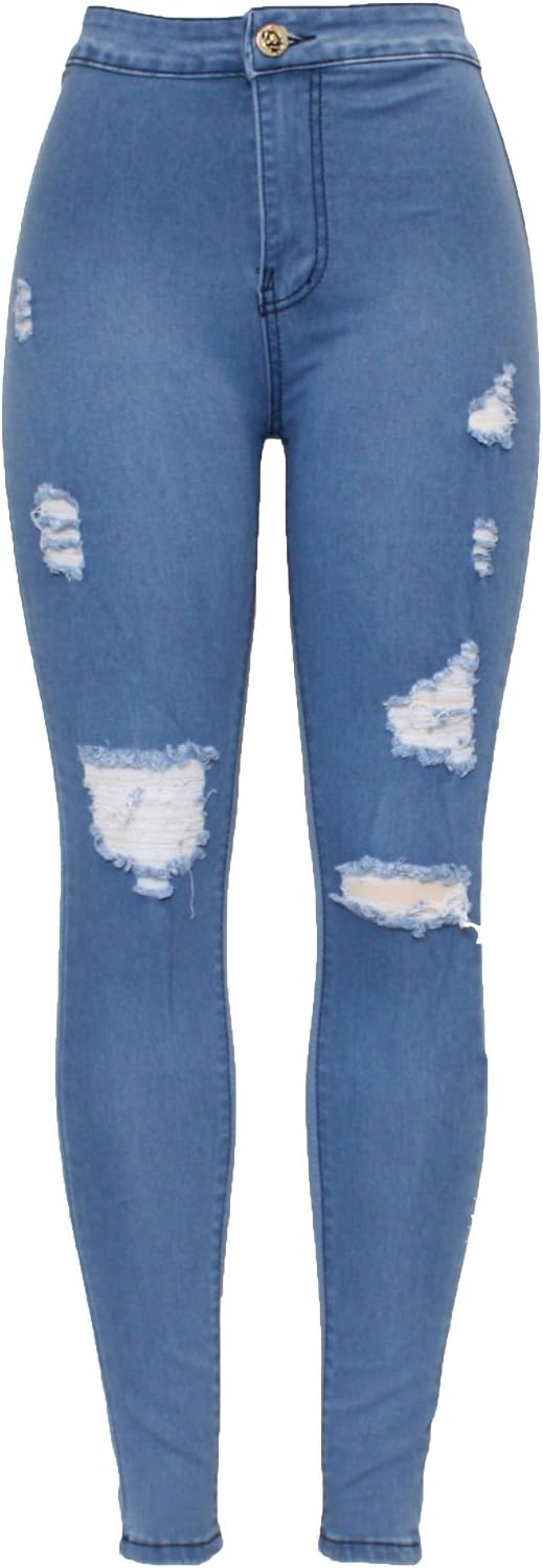 Barfly FashionNew Ladies Womens High Waisted White Blue Black Stretchy Knee Ripped Cut Skinny Slim Fit Denim Tube Pencil Jean Size 6-20