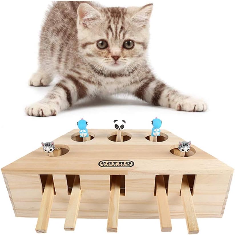 Braiton Cat Pet Toys Interactive Mouse Whack A Mole Mouse Solid Wooden Puzzle Box Cat Exercise Toy with Cute Cartoon Toys for Cat Kitten Hunting Playing Exercising Hunting,5 Holes