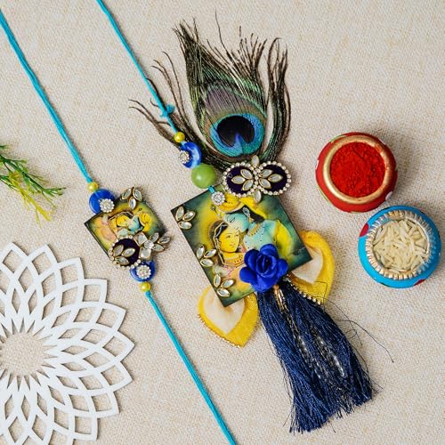 Image of eCraftIndia Radha Krishna Designer Rakhis for Brother and Bhabhi | Bhaiya Bhabhi Rakhi Set of 2 | Lumba Rakhi for Bhabhi | Best Bro Ever Fridge Magnet | Roli Chawal Pack