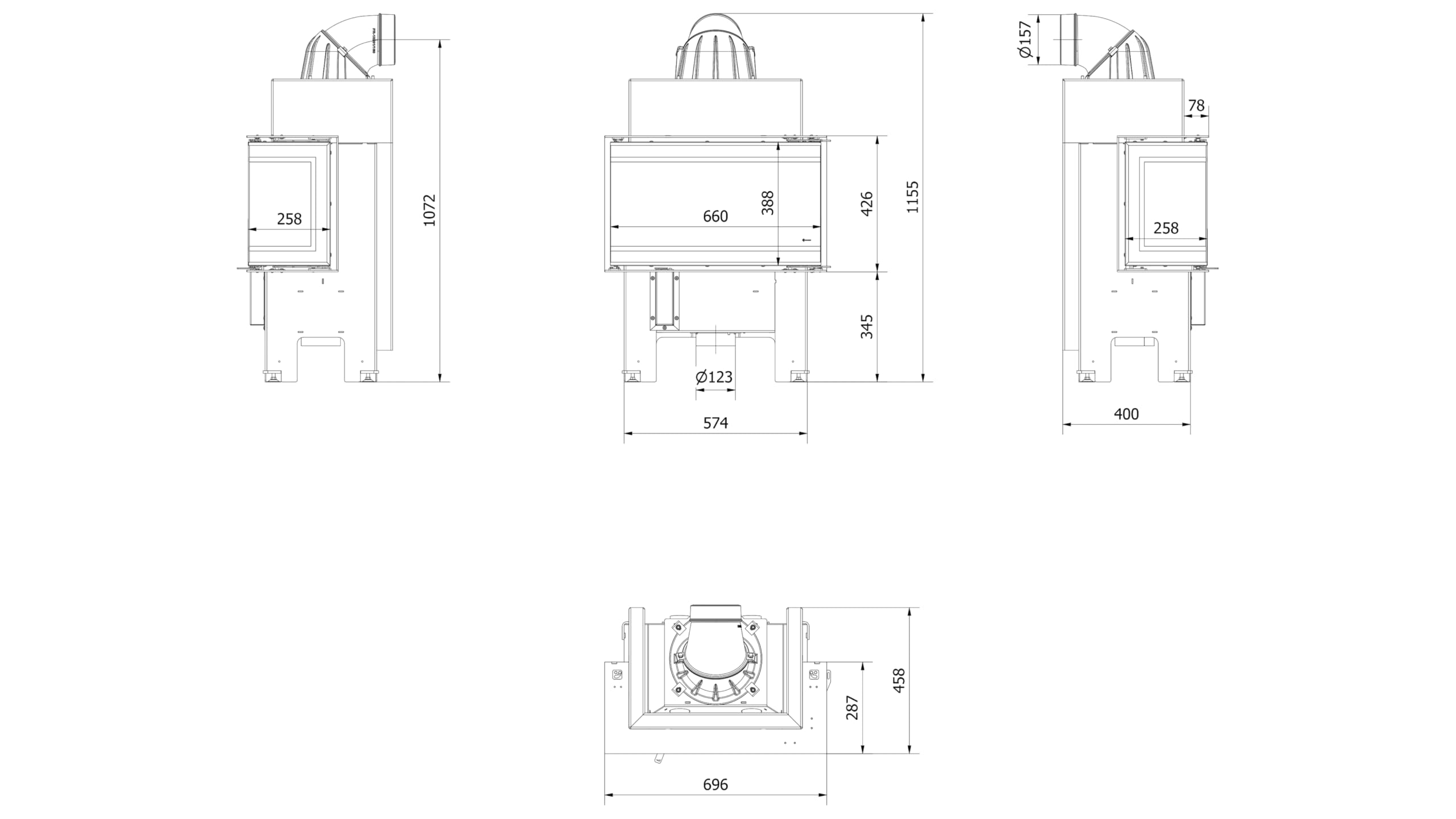 KRATKI Inserto per camino in acciaio a legna NBC 7 kW Ø160 bifacciale A+ | Acciaio nero, efficienza 83%, classe A+. Ecodesign, BImSchV 2, Kratki PRO; per recupero calore.; combustione efficiente