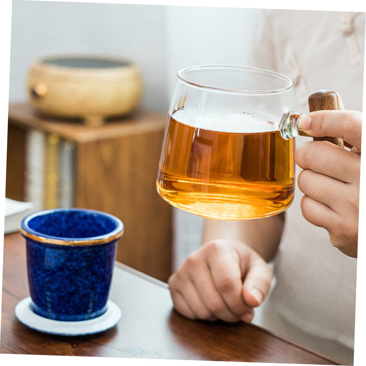 Retro Teetasse aus Glas und Keramik, 400ml, Blau, mit Deckel