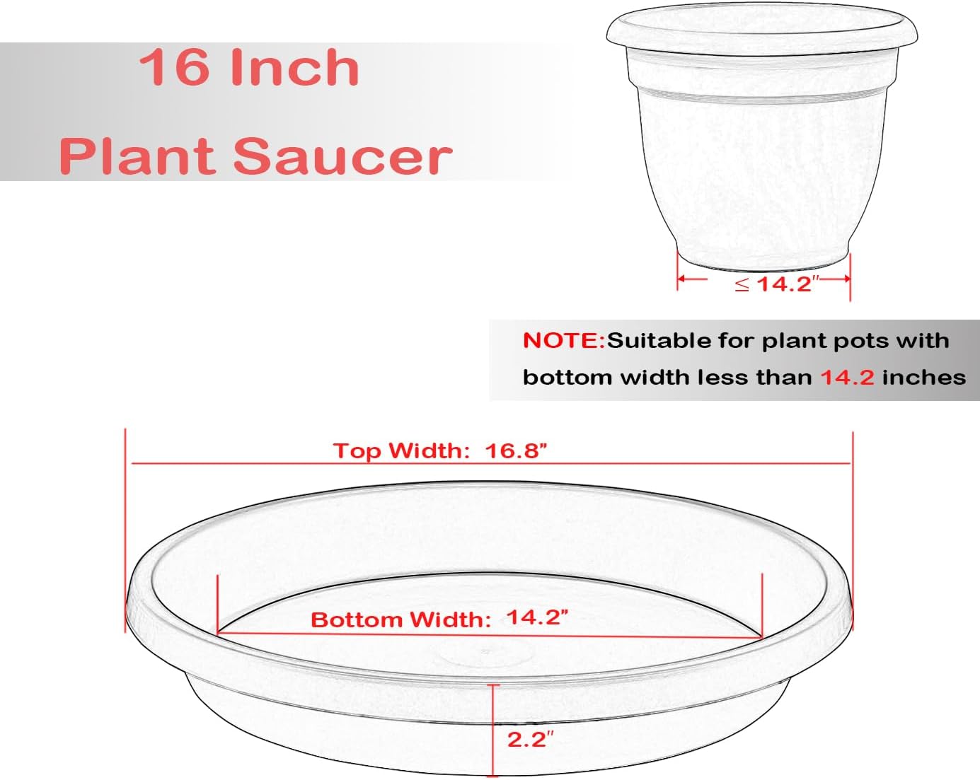 NIMYAU 2 Pack Plant Saucer 16 Inch, Durable Large Deep Plant Trays for Pots, Plant Drip Trays, Plant Water Catcher Tray for Plants, Plastic Plant Saucers for Indoors no Holes