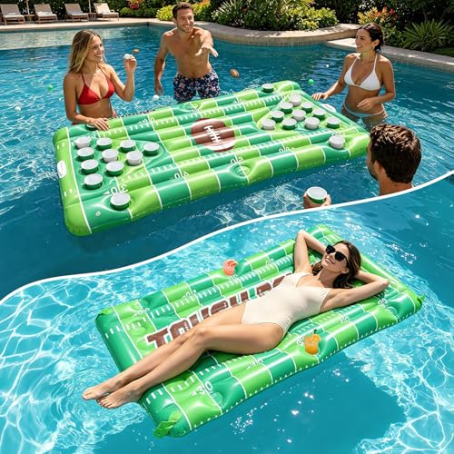 Football Pool Float & Inflatable Beer Pong Table - 6ft Heavy Duty Reversible Pool Floats for Adults Complete Game Set for Party Lake & Tailgate Includes Balls Cups Pump Stakes & Bag