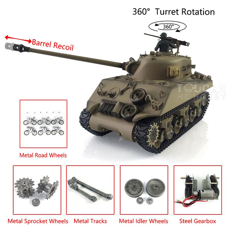 Henglong - Tanque Sherman RC 1/16 personalizado 7.0 M4A3 3898 Barril de retroceso de metal de 360° para Hobby BB Shooting Airsoft Tank que dispara