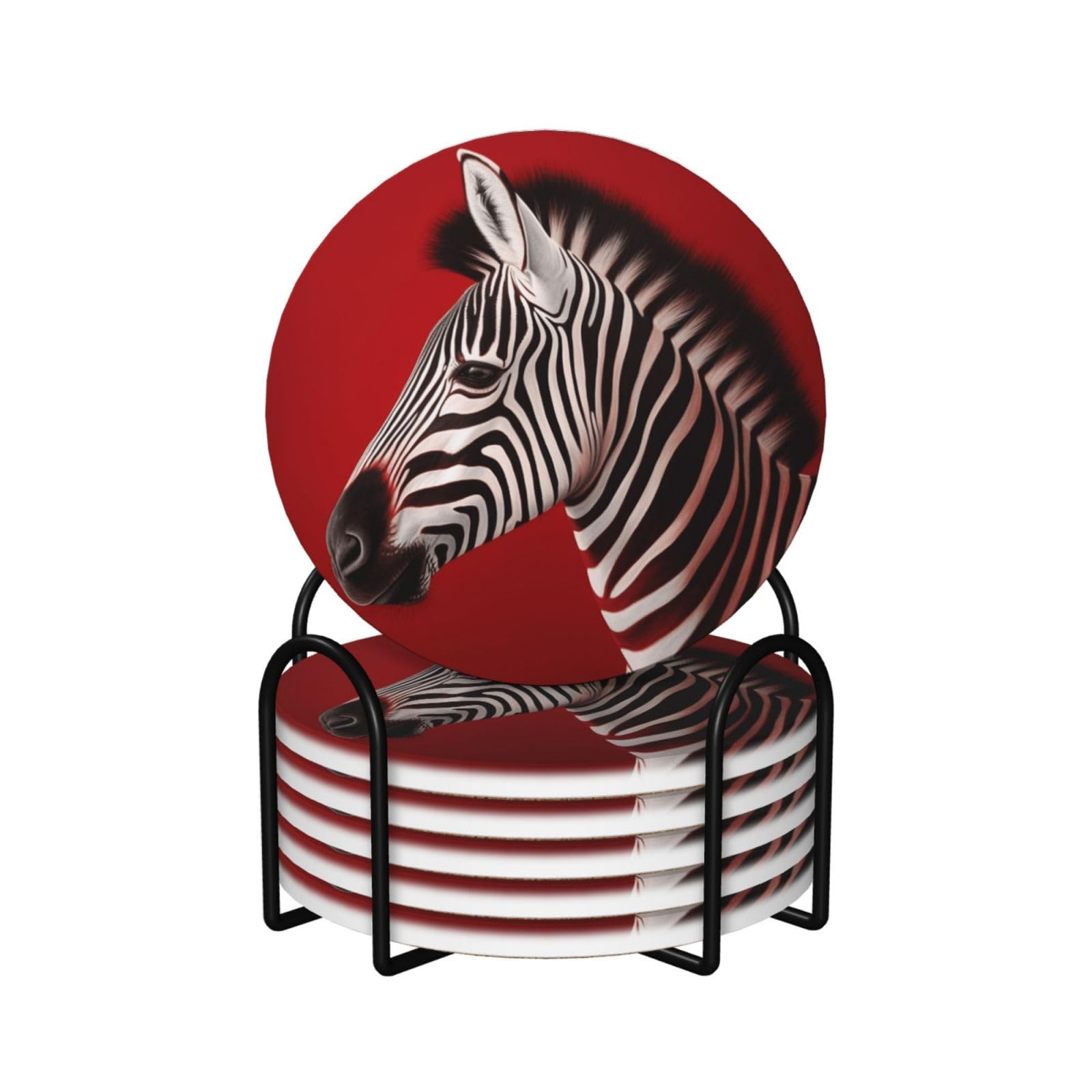 6Pcs Ceramics Coaster for Drinks, Zebra Red Cup Coasters with Holder, Aesthetic Drink Coasters for Coffee Table, Absorbent Round Coaster for Tabletop Protection 4" Cup Mat Pad