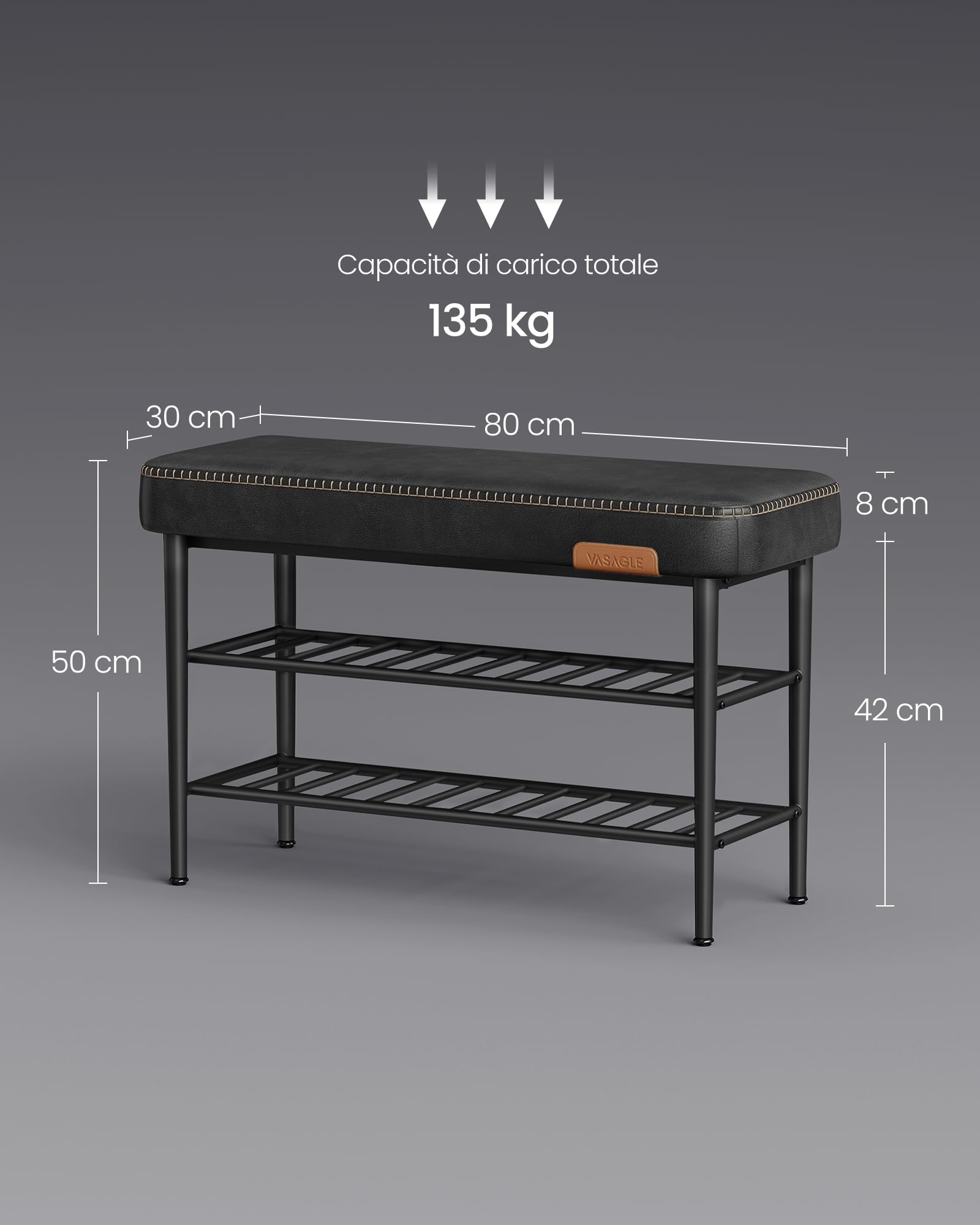 VASAGLE EKHO Collezione - Panca Scarpiera, Panca da Ingresso e Camera da Letto, Rivestimento in PU con Cuciture, Moderno di MetàSecolo, Portata 135 kg, 30 x 80 x 50 cm, Nero Inchiostro LSB054B01