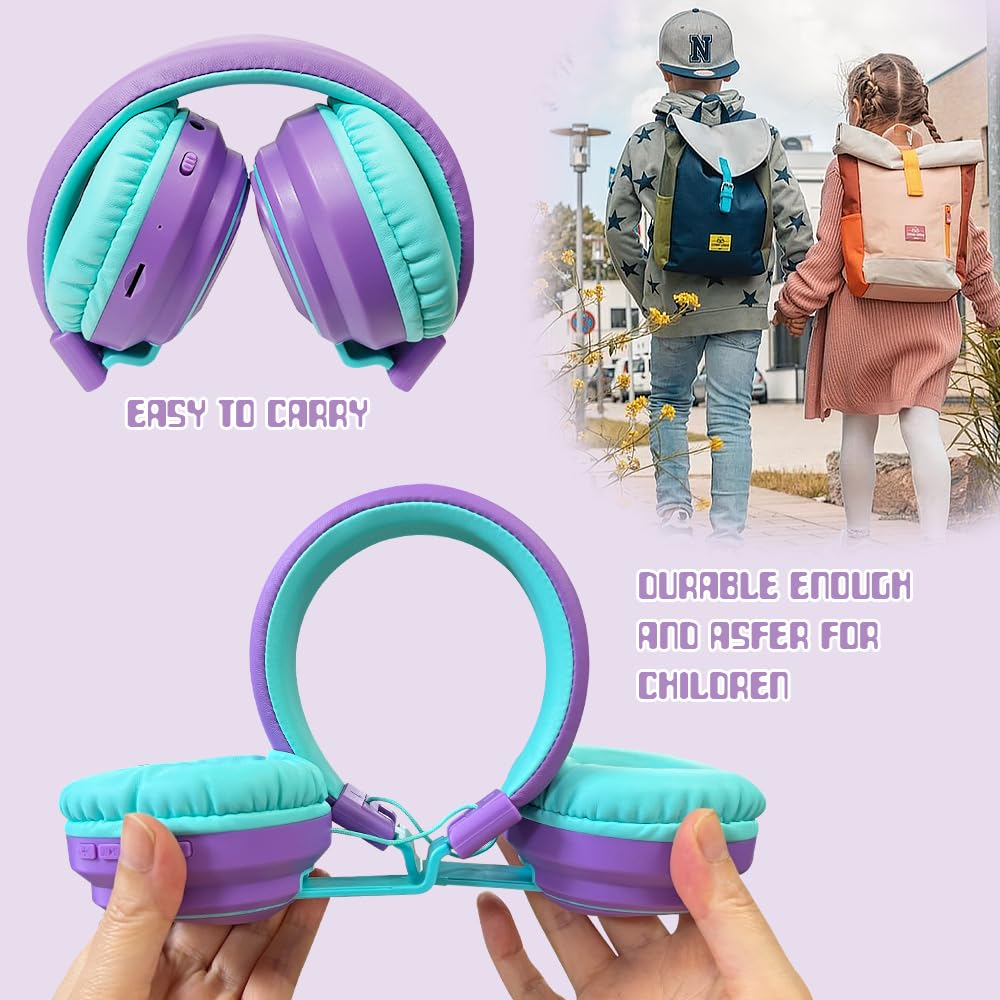 Mokata Casque Bluetooth sans fil pour enfants, volume limité, 85/110 dB, pliable, avec câble Shareport, câble auxiliaire 3,5 mm, microphone pour iPad, ordinateur portable, garçon, fille, voyage,