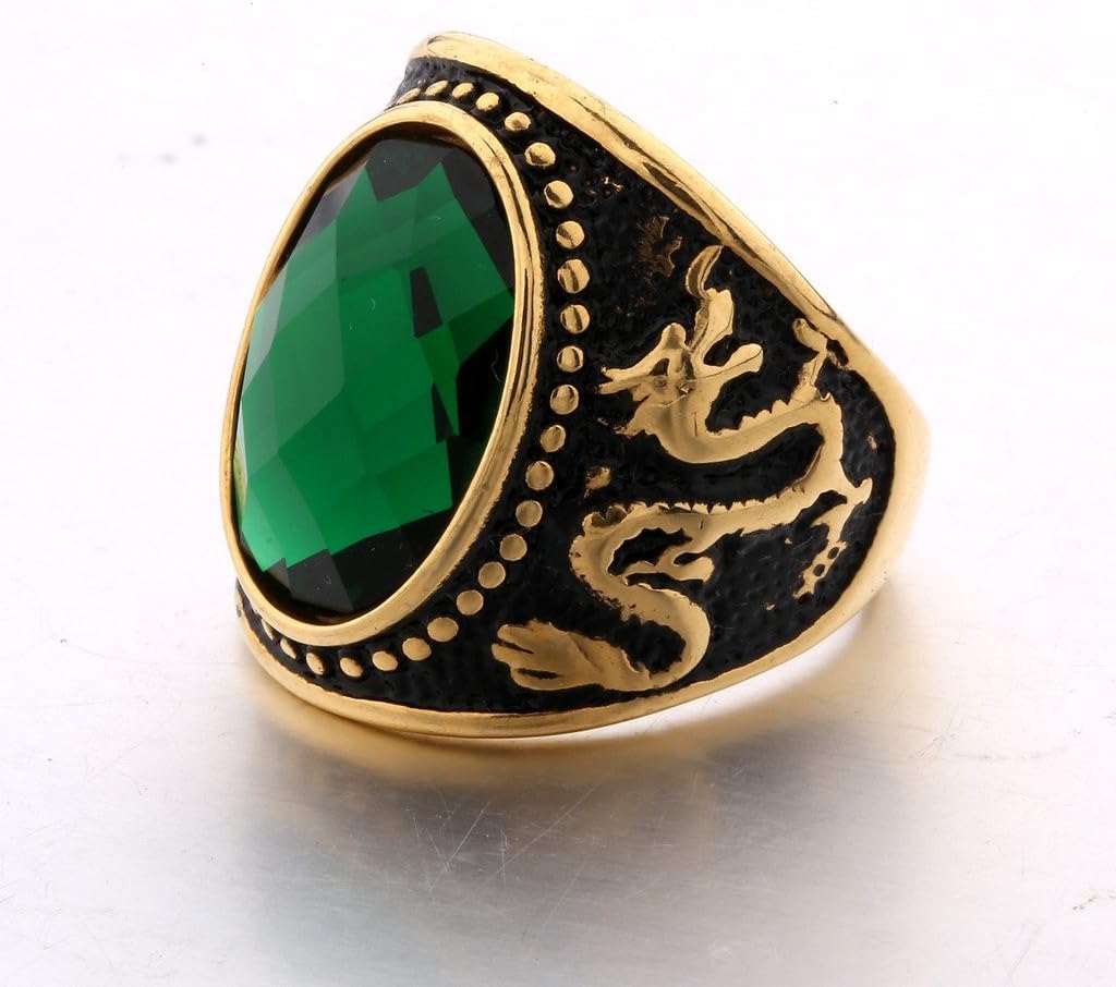 MASOP Stainless Steel Vintage Antique Gemstone Green Emerald Color Stone Ring for Men and Women - Image 2