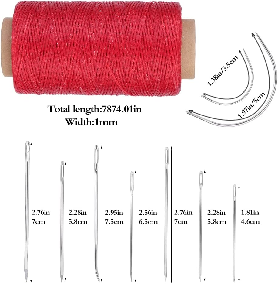 DUKOIPP Waxed Thread 218 Yards, Diameter 1mm,Leather Sewing Waxed Thread with Heavy Duty Needles, Professional Leather Thread for Leather Craft DIY, Leather Projects, Shoe Repairing(Red)