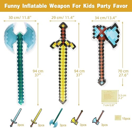 Miniatura 6 de Paquete de 5 unidades únicas con tema de píxeles de PVC inflables de gran tamaño, espadas hachas, hachas, hachas, juguete para fiesta, divertido,
