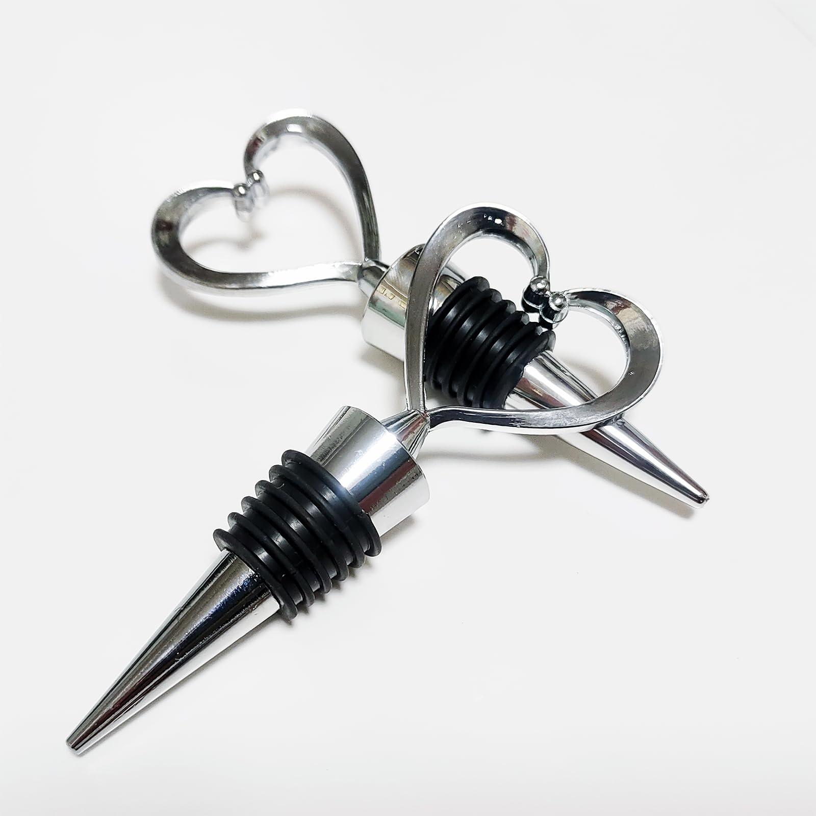 Lot de 16 bouchons de vin réutilisables en alliage de zinc argenté en forme de cœur pour bouteille de vin, champagne bière, décoration de bar, décoration de mariage, d'anniversaire, de Noël