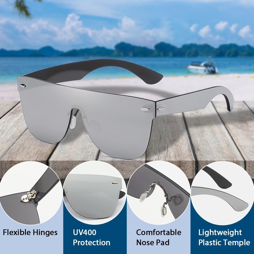 Rimless Sunglasses For Women Men One Piece Square Oversize Mirror Lens Anti Reflective - Image 3
