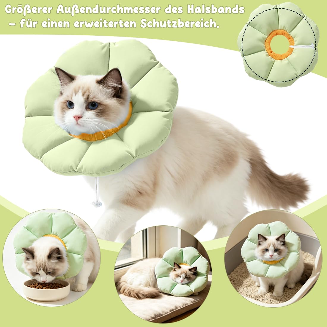 Halskrause Katze Größen M, großer Durchmesser Katzenkragen, Einstellbarer Leckschutz Katze, Weich Halskragen für Katzen Kleiner Hunde Nach Operation, Elisabethanischer Kragen, Grün