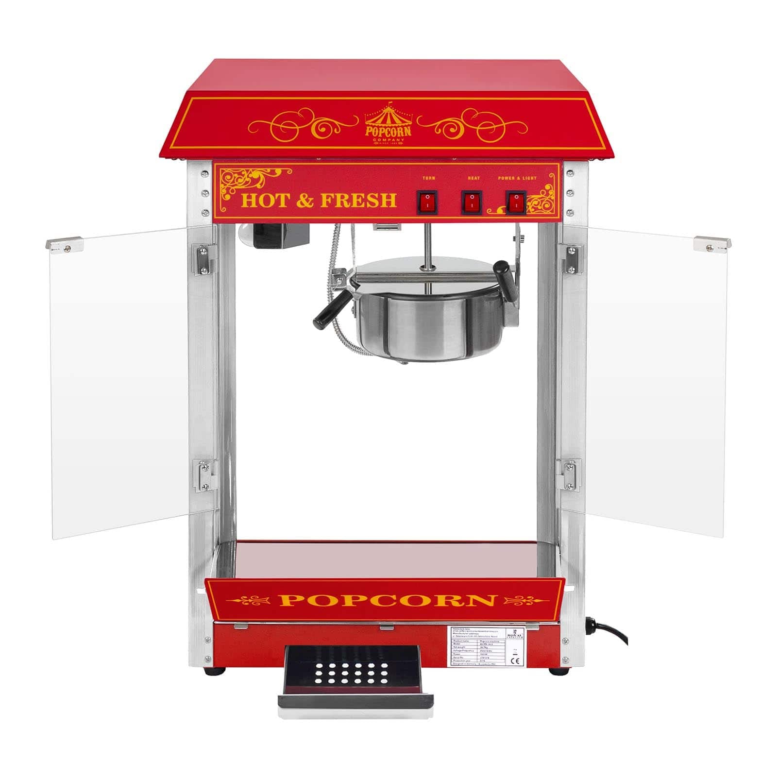 Royal Catering Machine à Popcorn (1.500W, rendement 5 kg/h récipient antiadhésif) Design USA Rouge