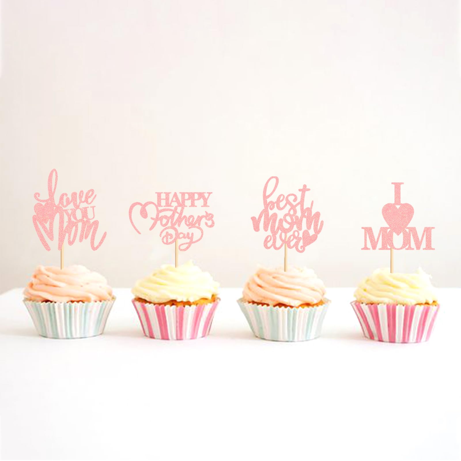Blumomon 24Pcs Happy Mothers Day Cupcake Toppers Pink Glitter Mum's Day Love Mum Cake Toppers Rose Best Mom Cupcake Picks for Mother's Day Party Decorations - Image 4