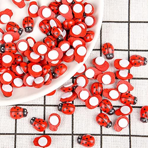 Euvoym 100 Pieces Wooden Ladybird Ladybug Sticker Self Adhesive Ladybirds Mini 9x12mm Ladybugs Craft Card Wood Topper for DIY Craft Home Party Decoration