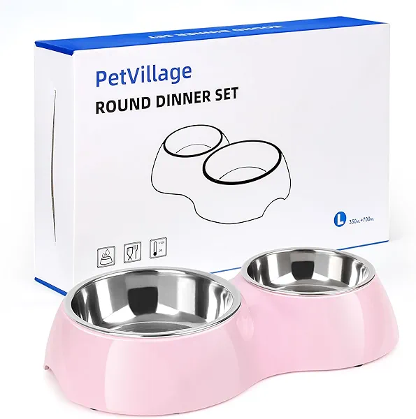 PetVillage Elevated Dog Bowls Set - Non-Slip Raised Pet Feeder with Medium (10 oz) & Large (20 oz) Stainless Steel Bowls - Includes Durable Resin Stand for Puppies, Adult Dogs & Cats - Pink