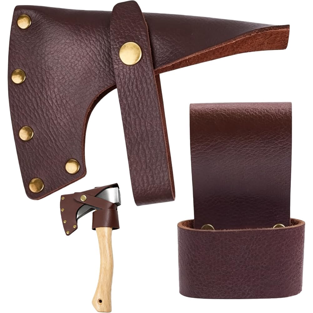 CALFOVERA 2PCS Cowhide Axe Sheath Belt Loop Set Genuine Leather Hatchet Cover Holster Brown Axe Head Protector Case Wood Cutting Protective Sleeve with Snap Button for Outdoors Camping Hiking