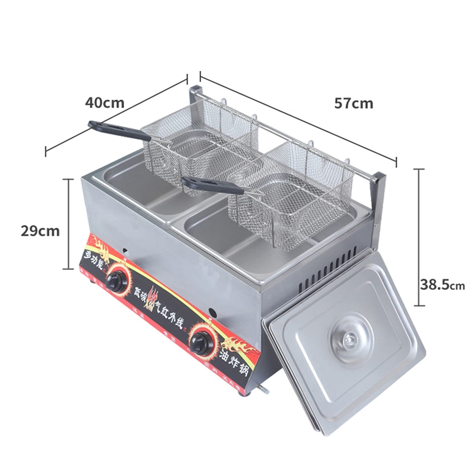 Friggitrice a Gas di Grande capacità, in Acciaio Inox, per Uso Domestico, Professionale, con Potenza di Fuoco Regolabile, con cestelli e coperchi, per Patatine, Ciambelle
