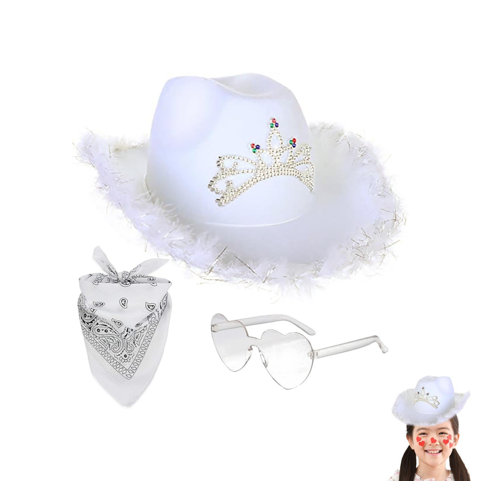 demaxiyad Sombrero Cowgirl, Sombrero De Vaq-uero Para Mujer, Gorro Va-quero Sombrero Cowboy Cowgirl De V-aquero+PañueloAlgodón+Gafa Corazones Fiesta De Disfraces Novedosa