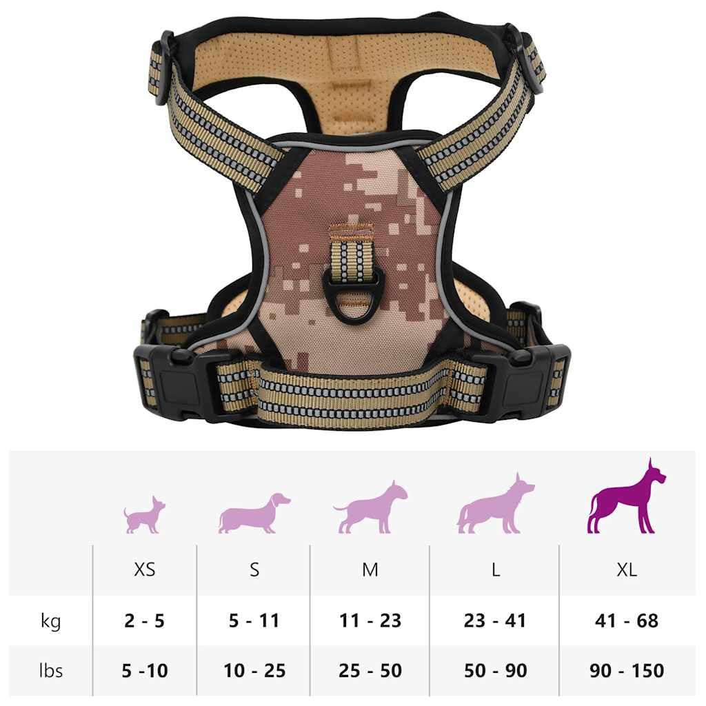 Pettorina per cani riflettente, regolabile, mimetica, marrone, XL, in poliestere, con 4 cinghie e 2 anelli per guinzaglio, traspirante, lavabile, per passeggiate sicure e comfort durante